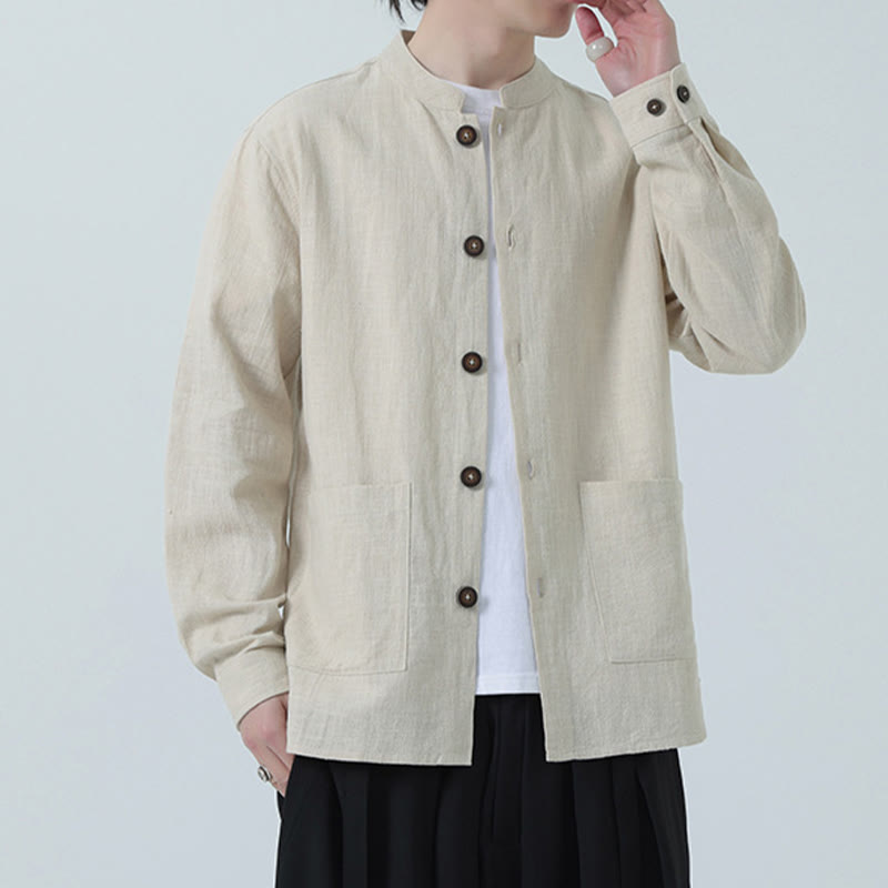 Men's Button Ramie Linen Cotton Fleece Lined Jacket Shirt With Pockets