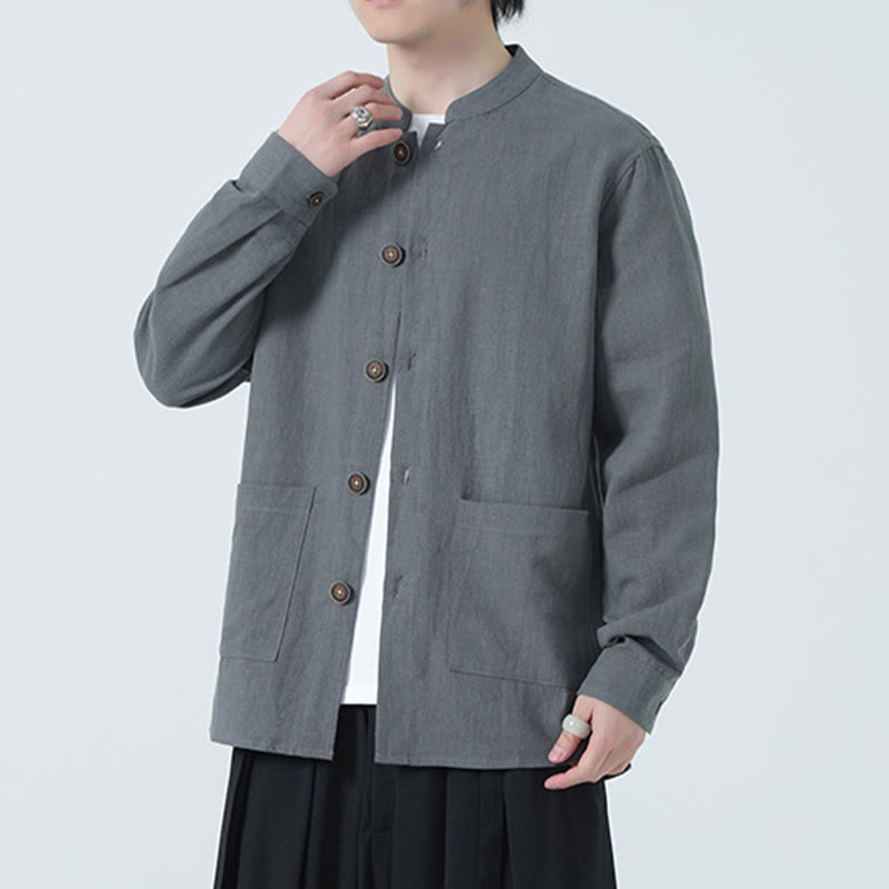 Men's Button Ramie Linen Cotton Fleece Lined Jacket Shirt With Pockets