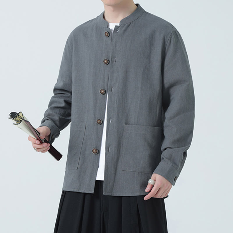 Men's Button Ramie Linen Cotton Fleece Lined Jacket Shirt With Pockets