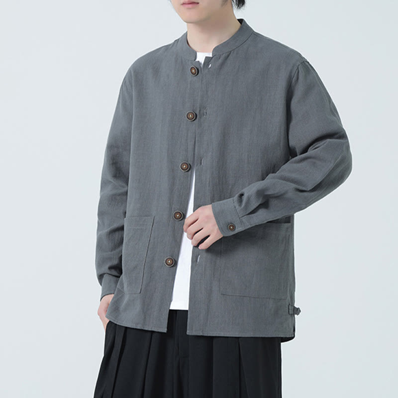 Men's Button Ramie Linen Cotton Fleece Lined Jacket Shirt With Pockets