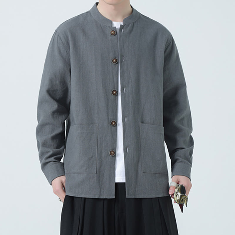 Men's Button Ramie Linen Cotton Fleece Lined Jacket Shirt With Pockets