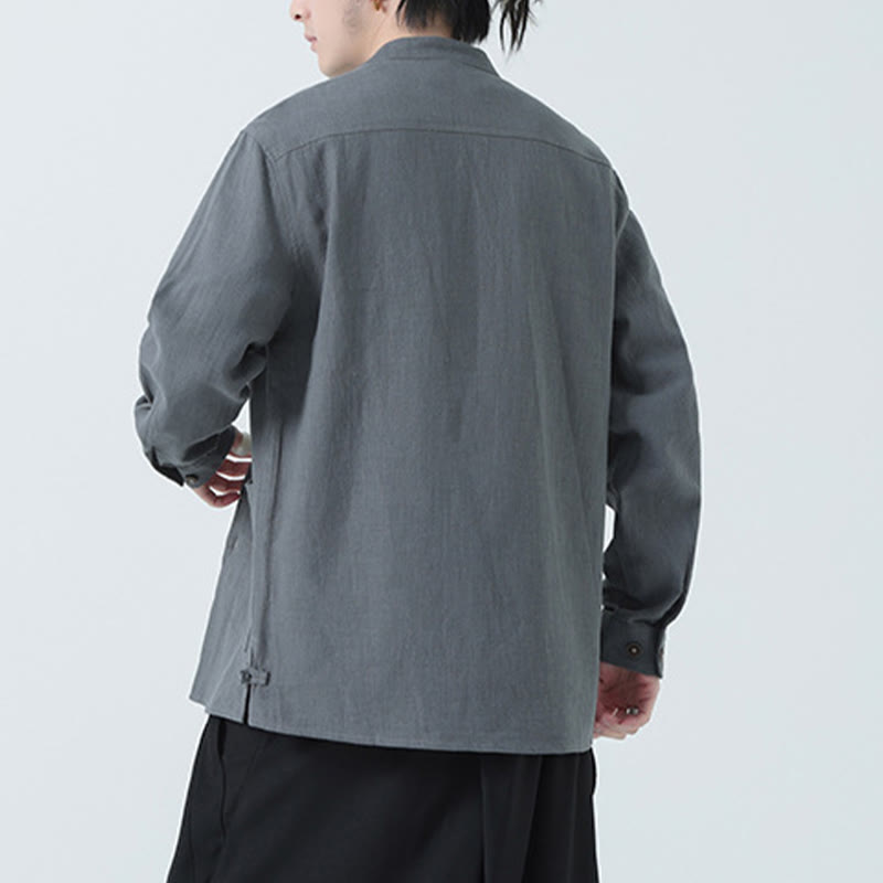 Men's Button Ramie Linen Cotton Fleece Lined Jacket Shirt With Pockets