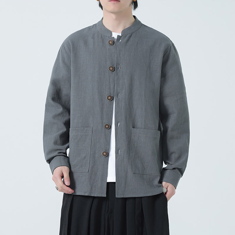 Men's Button Ramie Linen Cotton Fleece Lined Jacket Shirt With Pockets