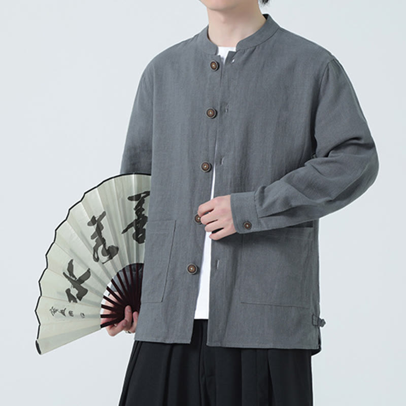 Men's Button Ramie Linen Cotton Fleece Lined Jacket Shirt With Pockets