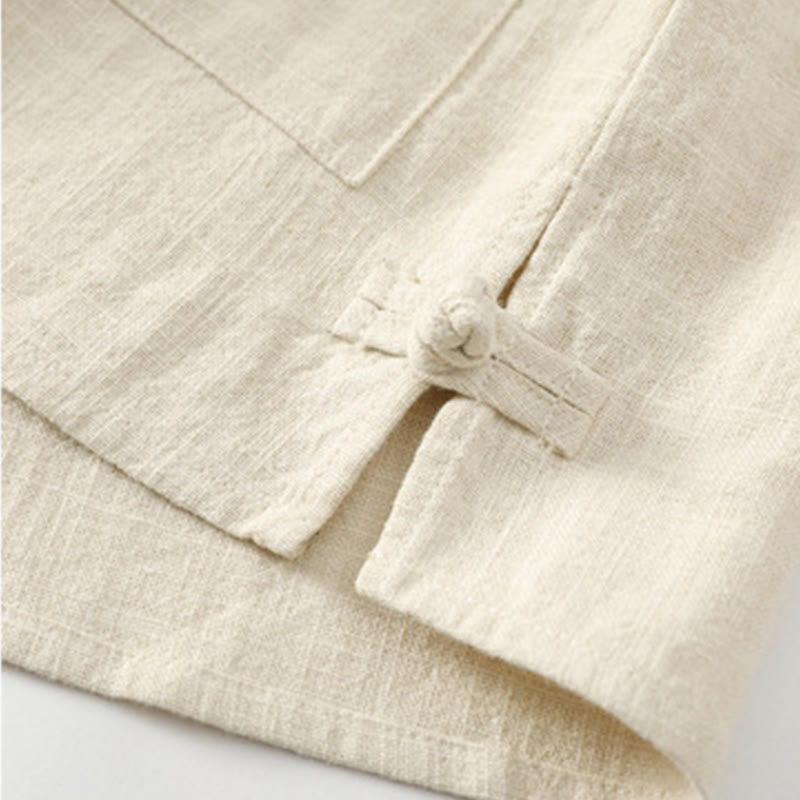 Men's Button Ramie Linen Cotton Fleece Lined Jacket Shirt With Pockets