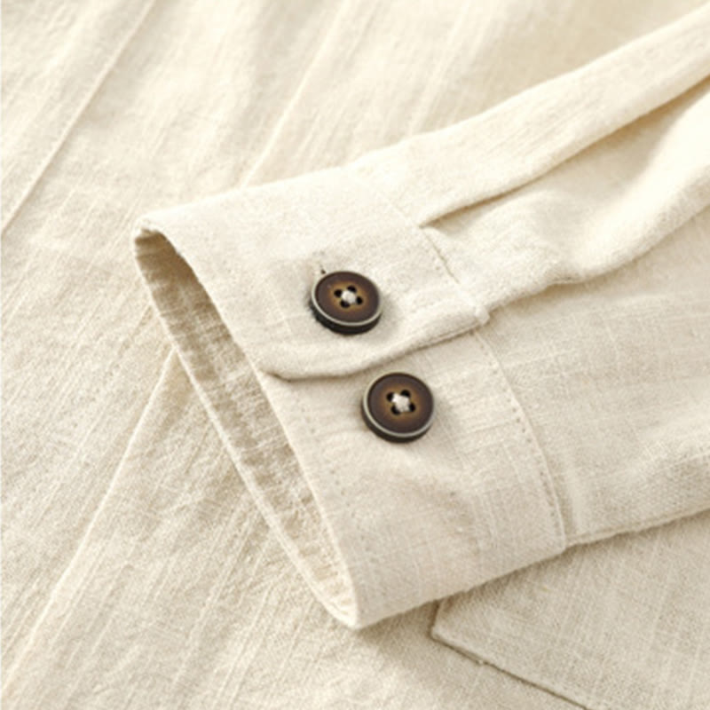 Men's Button Ramie Linen Cotton Fleece Lined Jacket Shirt With Pockets