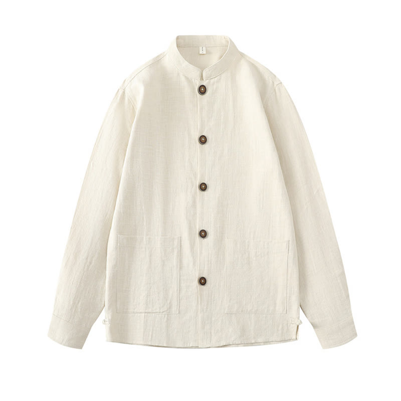 Men's Button Ramie Linen Cotton Fleece Lined Jacket Shirt With Pockets