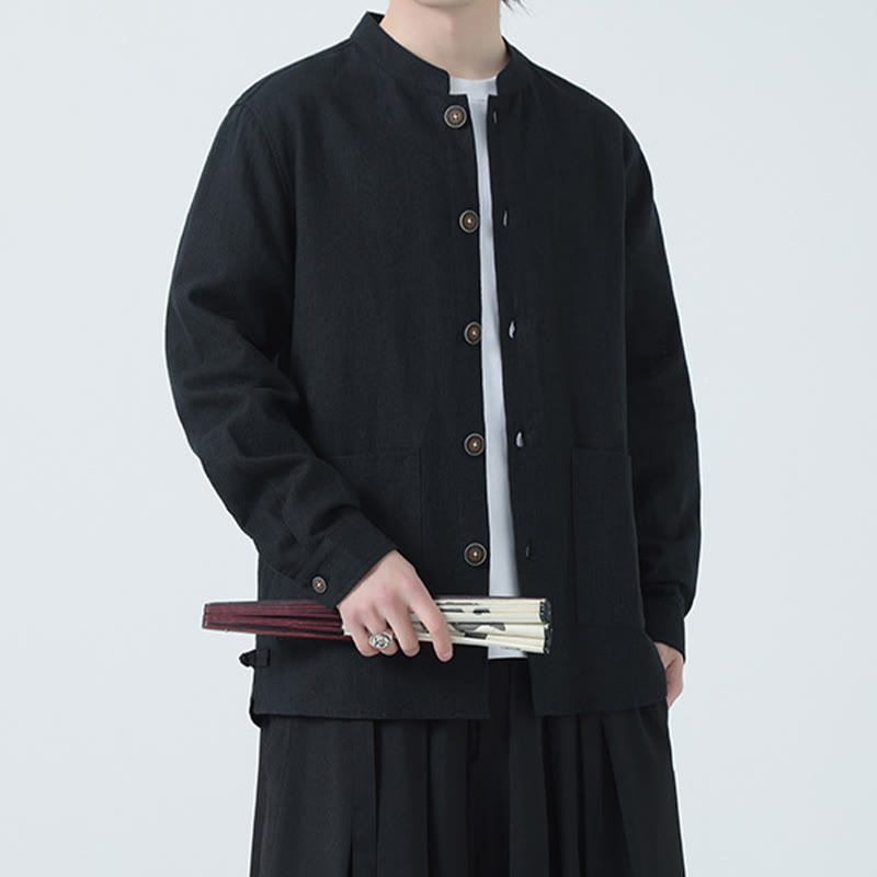 Men's Button Ramie Linen Cotton Fleece Lined Jacket Shirt With Pockets