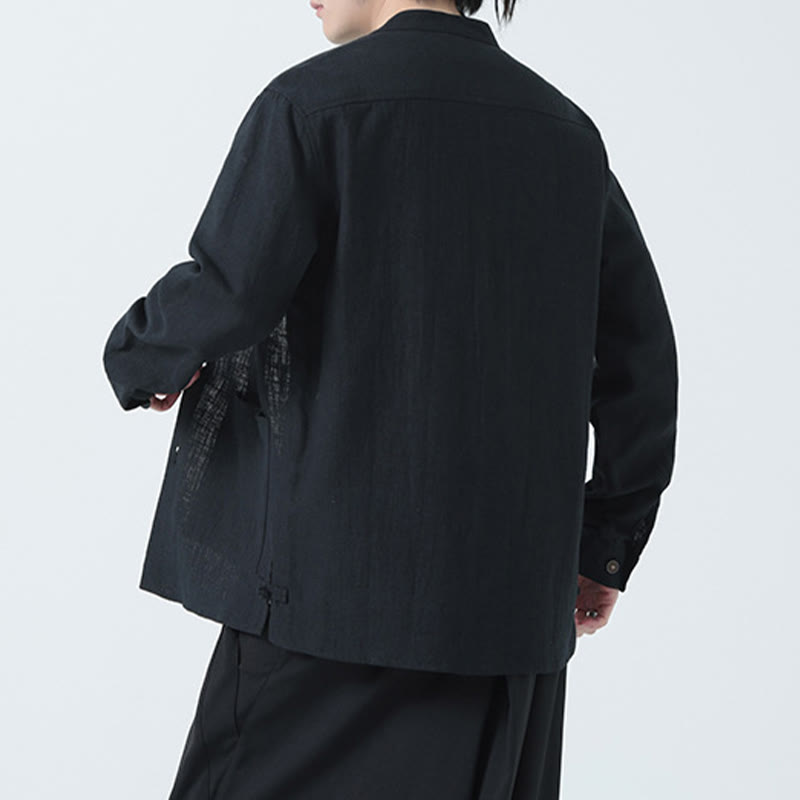 Men's Button Ramie Linen Cotton Fleece Lined Jacket Shirt With Pockets