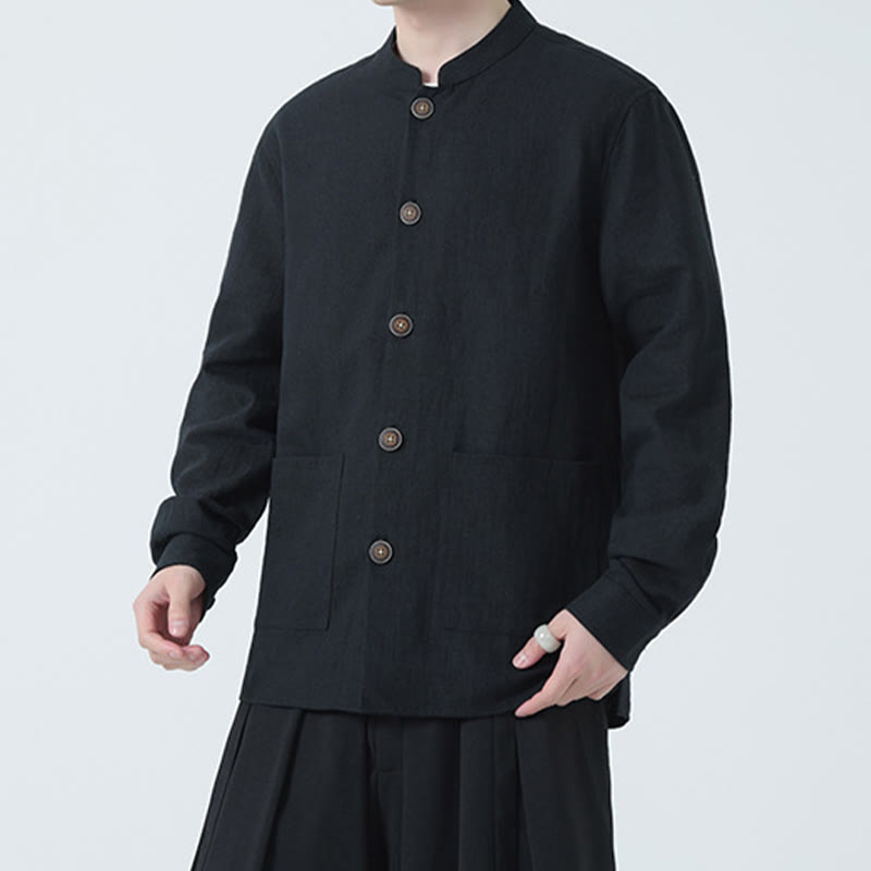 Men's Button Ramie Linen Cotton Fleece Lined Jacket Shirt With Pockets