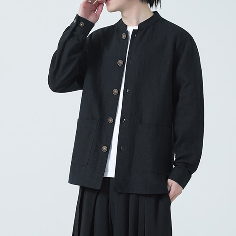 Men's Button Ramie Linen Cotton Fleece Lined Jacket Shirt With Pockets