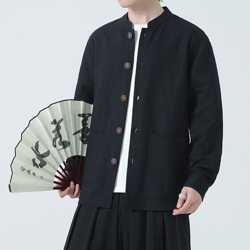 Men's Button Ramie Linen Cotton Fleece Lined Jacket Shirt With Pockets