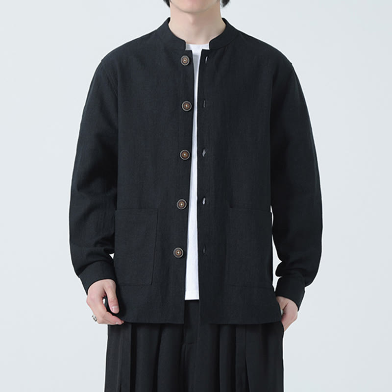 Men's Button Ramie Linen Cotton Fleece Lined Jacket Shirt With Pockets