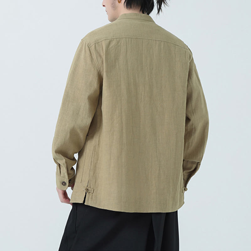 Men's Button Ramie Linen Cotton Fleece Lined Jacket Shirt With Pockets