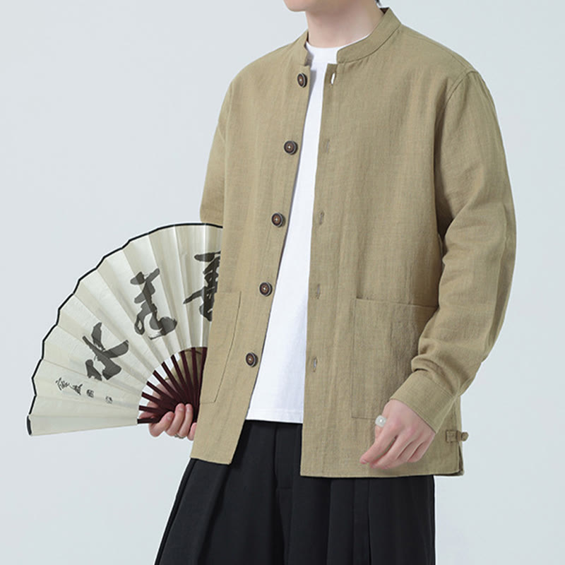 Men's Button Ramie Linen Cotton Fleece Lined Jacket Shirt With Pockets