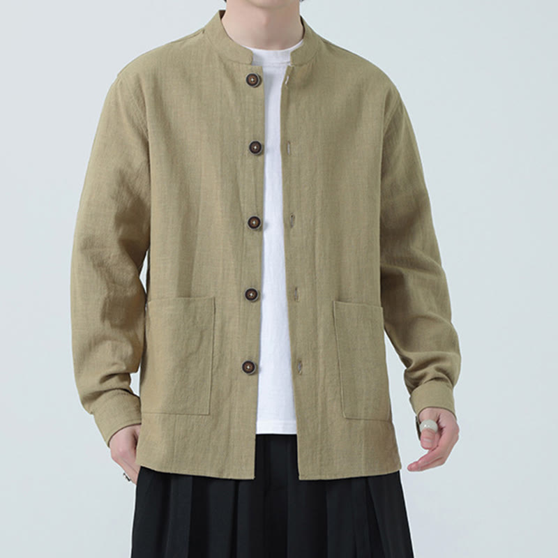 Men's Button Ramie Linen Cotton Fleece Lined Jacket Shirt With Pockets