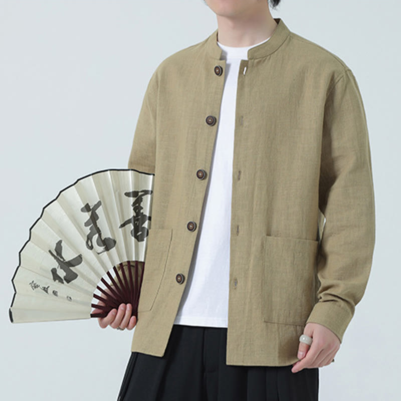 Men's Button Ramie Linen Cotton Fleece Lined Jacket Shirt With Pockets