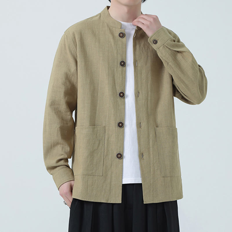 Men's Button Ramie Linen Cotton Fleece Lined Jacket Shirt With Pockets