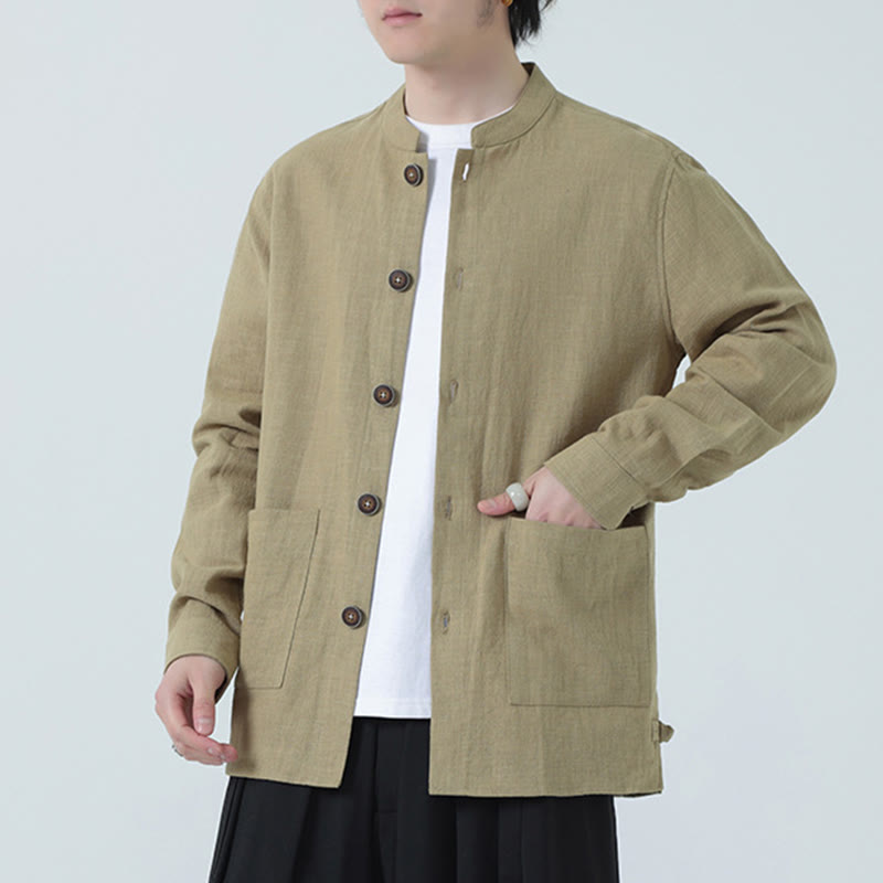 Men's Button Ramie Linen Cotton Fleece Lined Jacket Shirt With Pockets
