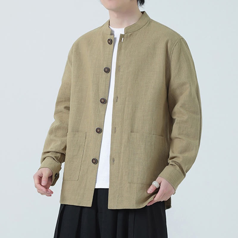 Men's Button Ramie Linen Cotton Fleece Lined Jacket Shirt With Pockets
