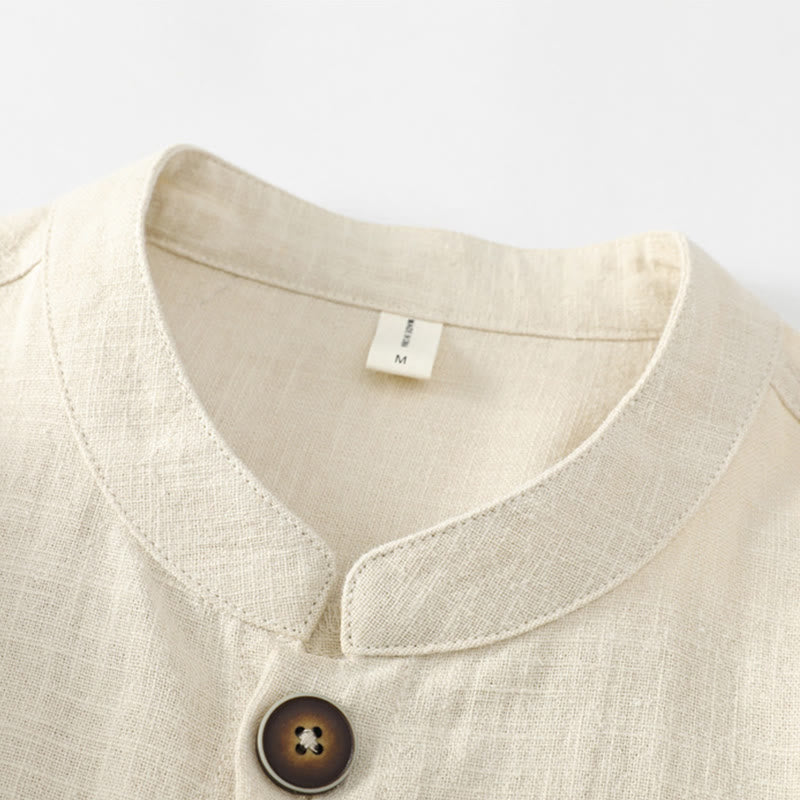 Men's Button Ramie Linen Cotton Fleece Lined Jacket Shirt With Pockets