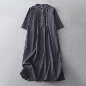 Breathable Cotton Linen Relaxed Grounding Midi Dress with Pockets