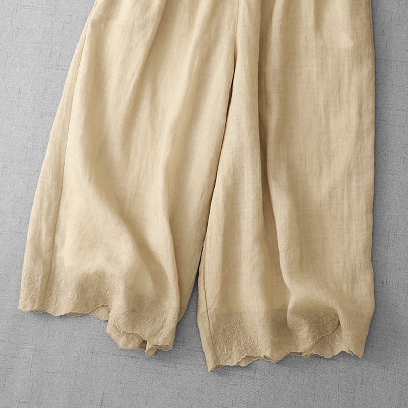 Commute Solid Color Lace Embroidery Design Cotton Women's Wide Leg Cropped Pants With Pockets