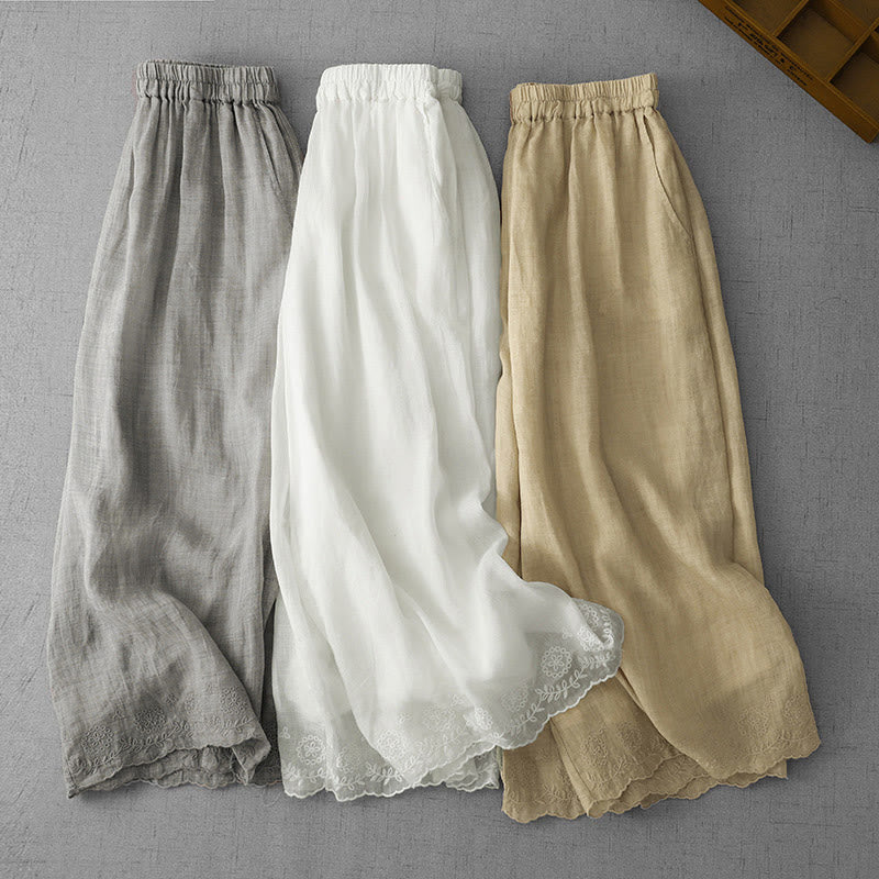 Commute Solid Color Lace Embroidery Design Cotton Women's Wide Leg Cropped Pants With Pockets