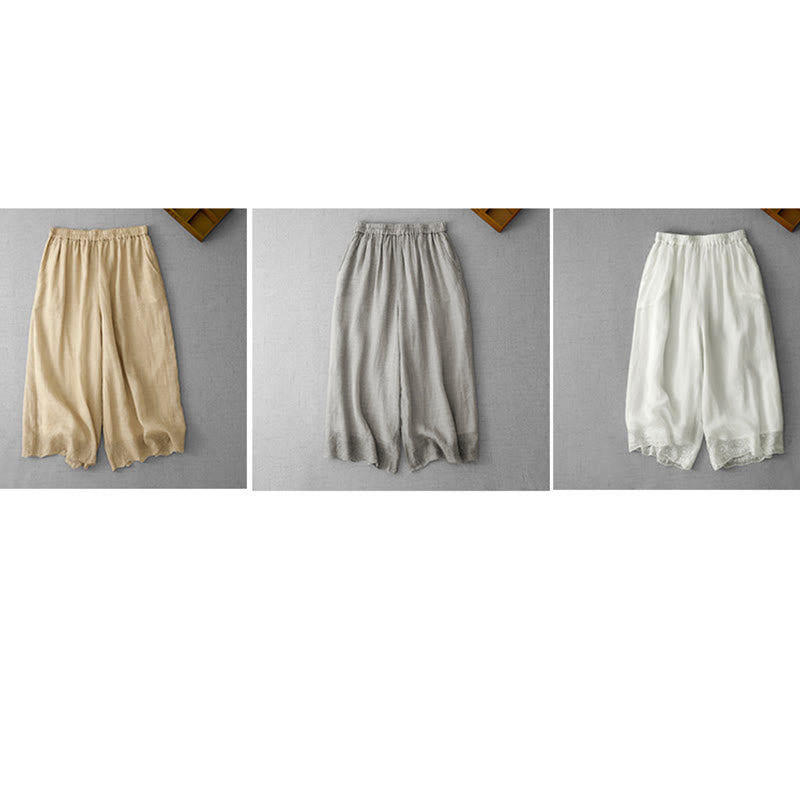 Commute Solid Color Lace Embroidery Design Cotton Women's Wide Leg Cropped Pants With Pockets