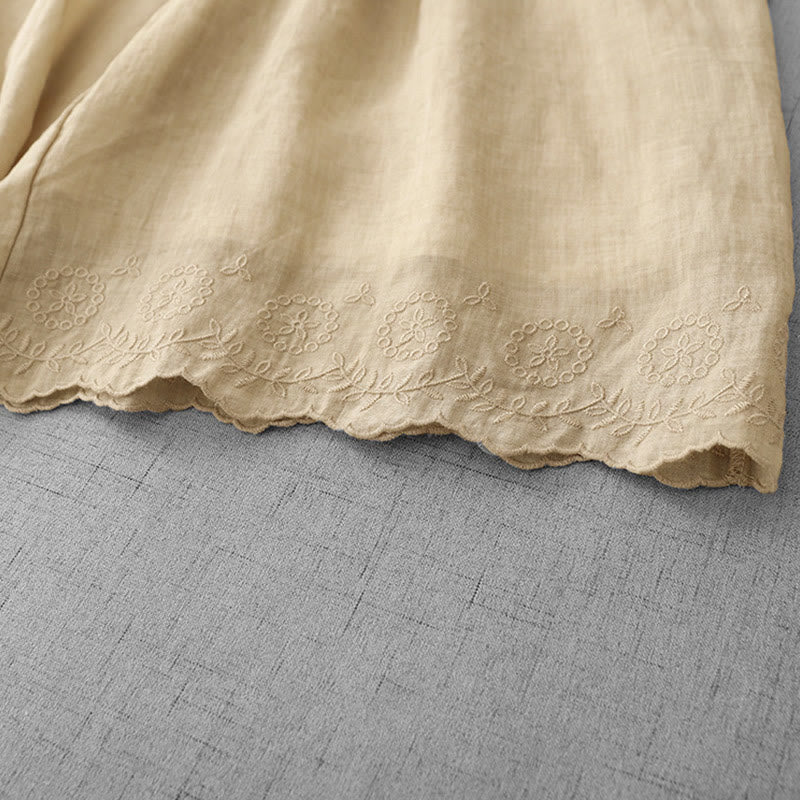 Commute Solid Color Lace Embroidery Design Cotton Women's Wide Leg Cropped Pants With Pockets