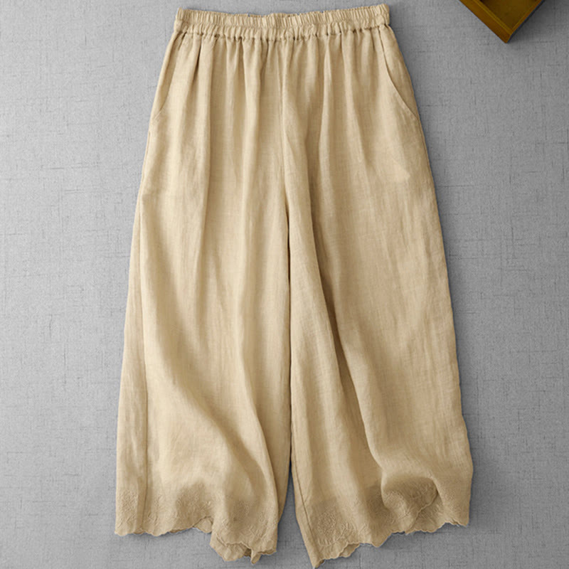 Commute Solid Color Lace Embroidery Design Cotton Women's Wide Leg Cropped Pants With Pockets