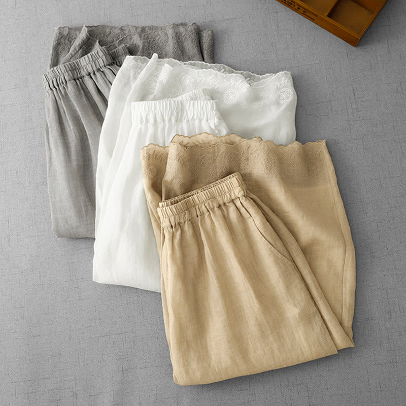 Commute Solid Color Lace Embroidery Design Cotton Women's Wide Leg Cropped Pants With Pockets