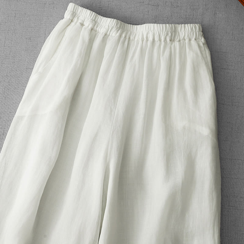 Commute Solid Color Lace Embroidery Design Cotton Women's Wide Leg Cropped Pants With Pockets