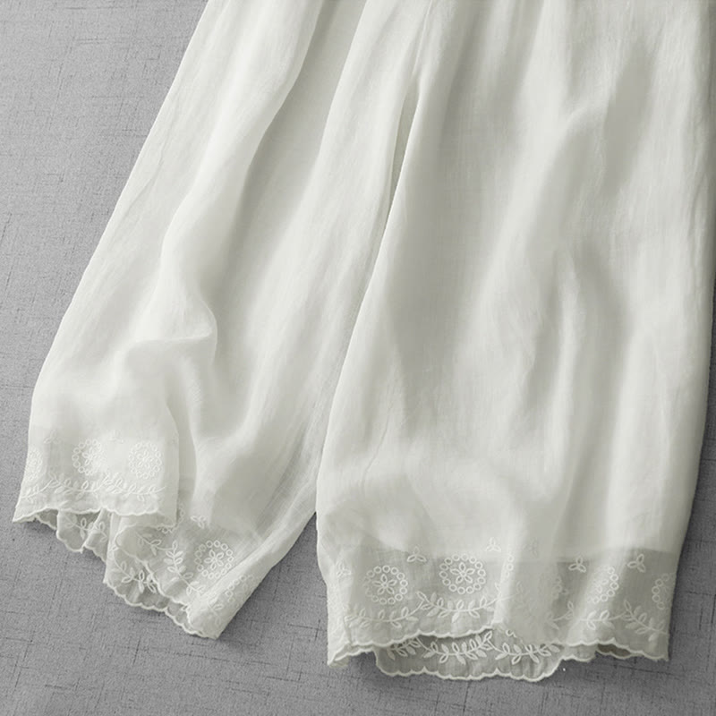 Commute Solid Color Lace Embroidery Design Cotton Women's Wide Leg Cropped Pants With Pockets