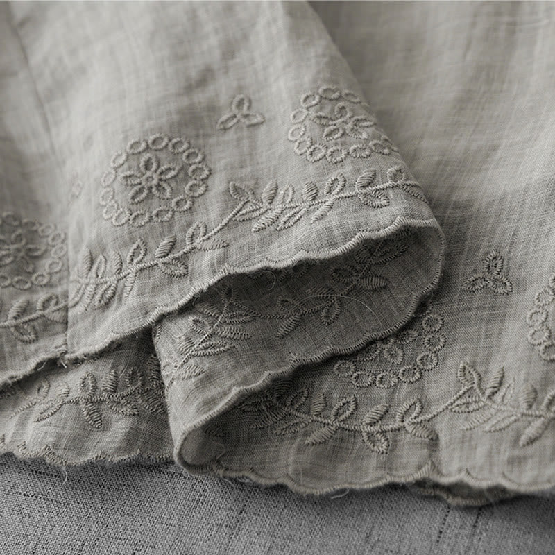 Commute Solid Color Lace Embroidery Design Cotton Women's Wide Leg Cropped Pants With Pockets