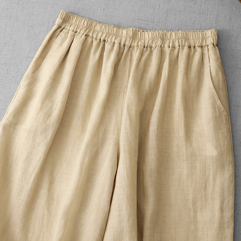 Commute Solid Color Lace Embroidery Design Cotton Women's Wide Leg Cropped Pants With Pockets