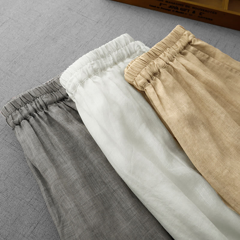 Commute Solid Color Lace Embroidery Design Cotton Women's Wide Leg Cropped Pants With Pockets