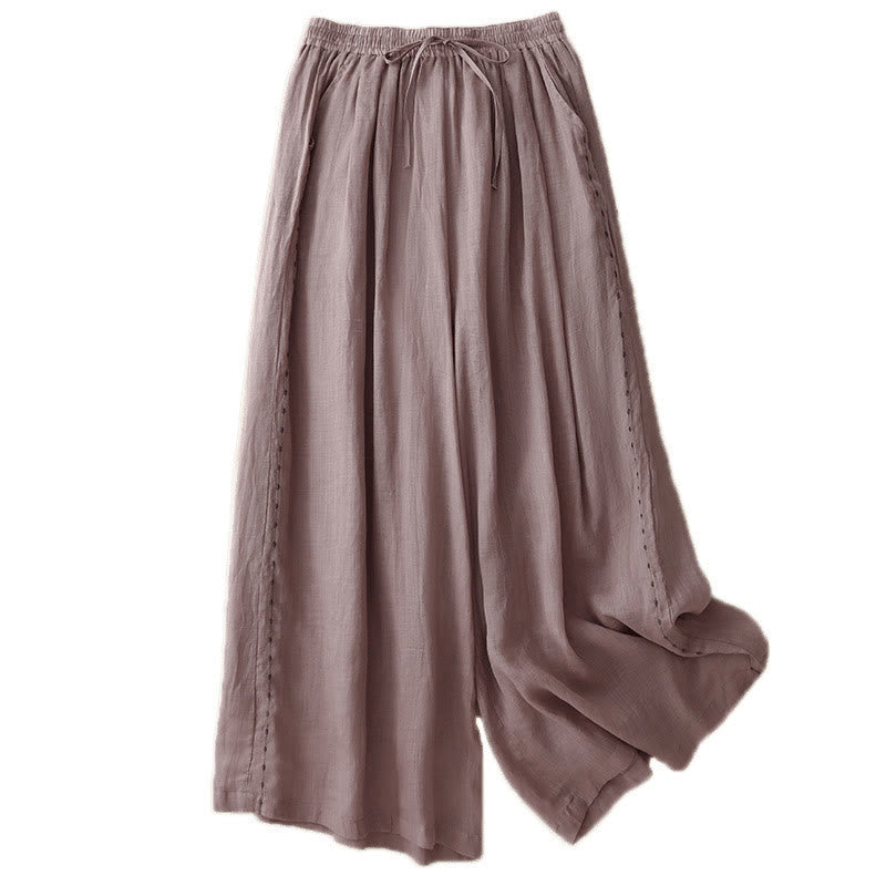 Commute Solid Color Embroidery Drawstring Women's Wide Leg Ankle-Length Cotton Pants With Pockets