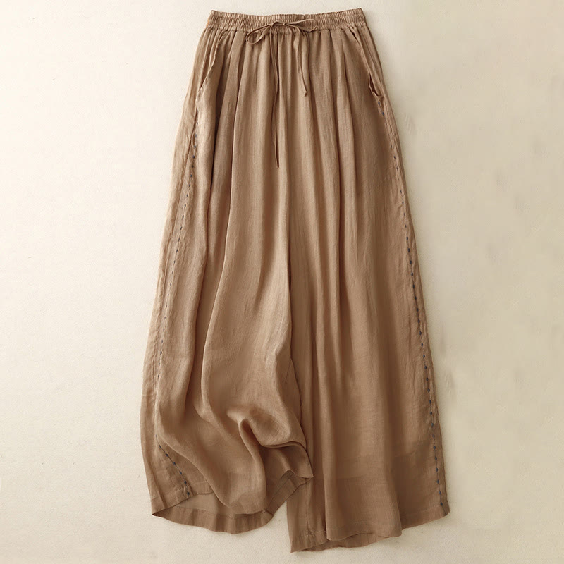 Commute Solid Color Embroidery Drawstring Women's Wide Leg Ankle-Length Cotton Pants With Pockets