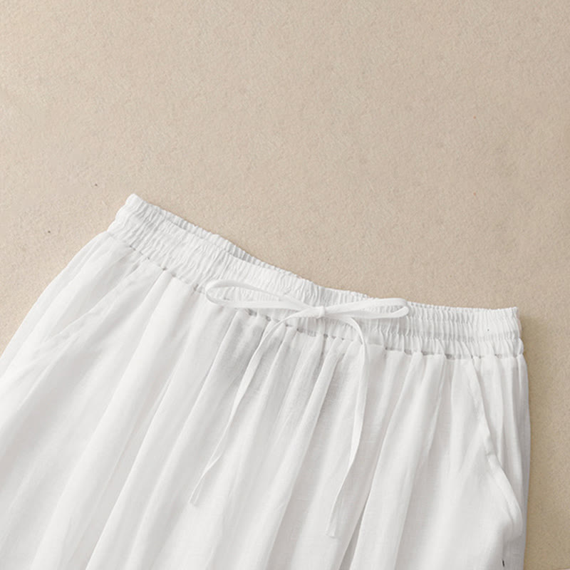 Commute Solid Color Embroidery Drawstring Women's Wide Leg Ankle-Length Cotton Pants With Pockets