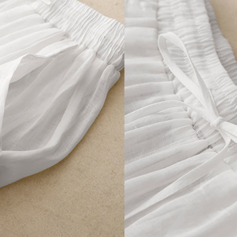 Commute Solid Color Embroidery Drawstring Women's Wide Leg Ankle-Length Cotton Pants With Pockets