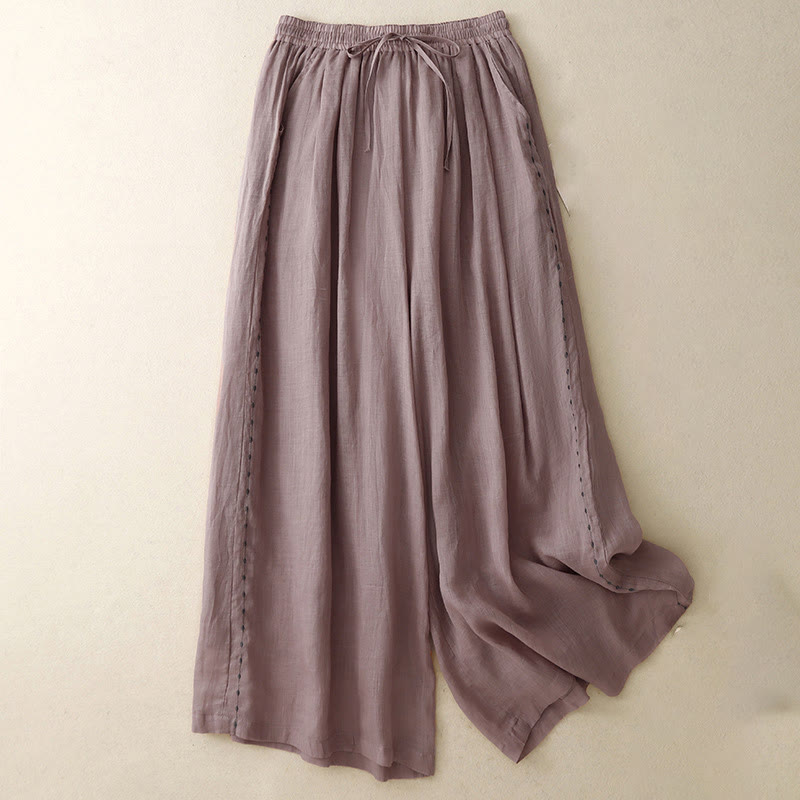 Commute Solid Color Embroidery Drawstring Women's Wide Leg Ankle-Length Cotton Pants With Pockets