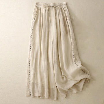 Commute Solid Color Embroidery Drawstring Women's Wide Leg Ankle-Length Cotton Pants With Pockets
