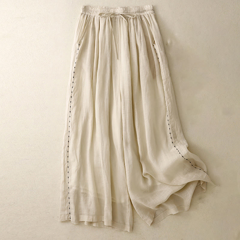 Commute Solid Color Embroidery Drawstring Women's Wide Leg Ankle-Length Cotton Pants With Pockets