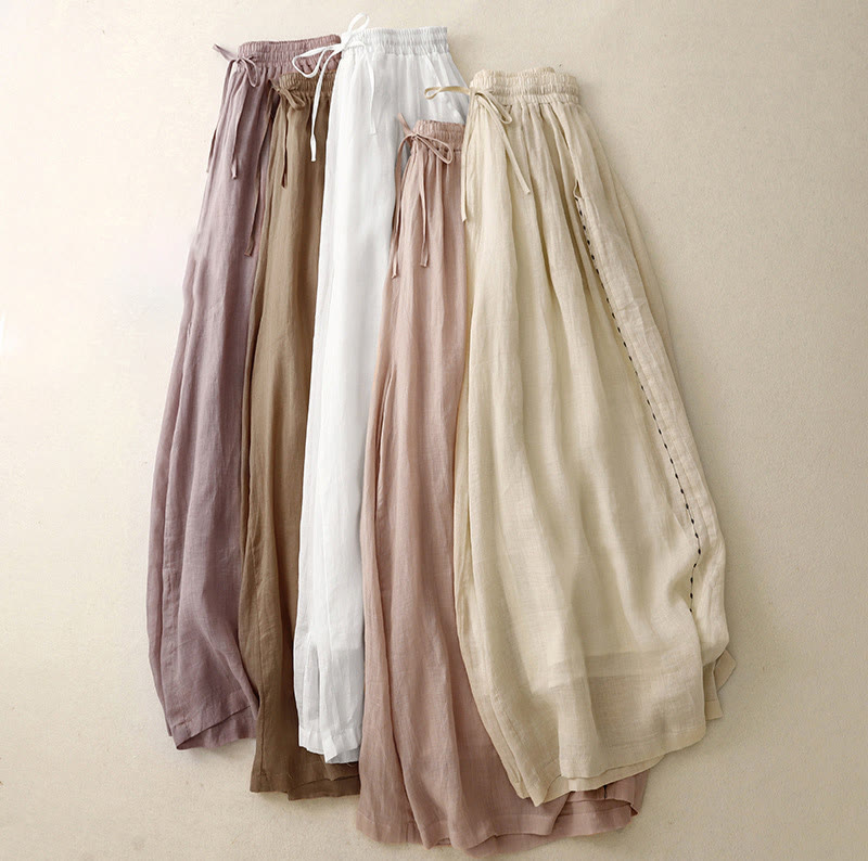 Commute Solid Color Embroidery Drawstring Women's Wide Leg Ankle-Length Cotton Pants With Pockets