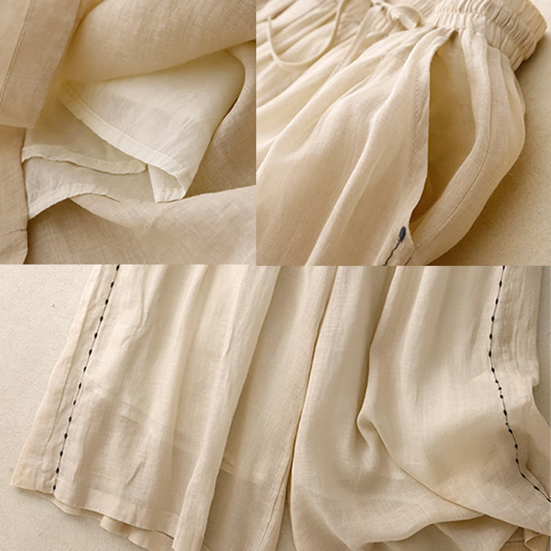 Commute Solid Color Embroidery Drawstring Women's Wide Leg Ankle-Length Cotton Pants With Pockets