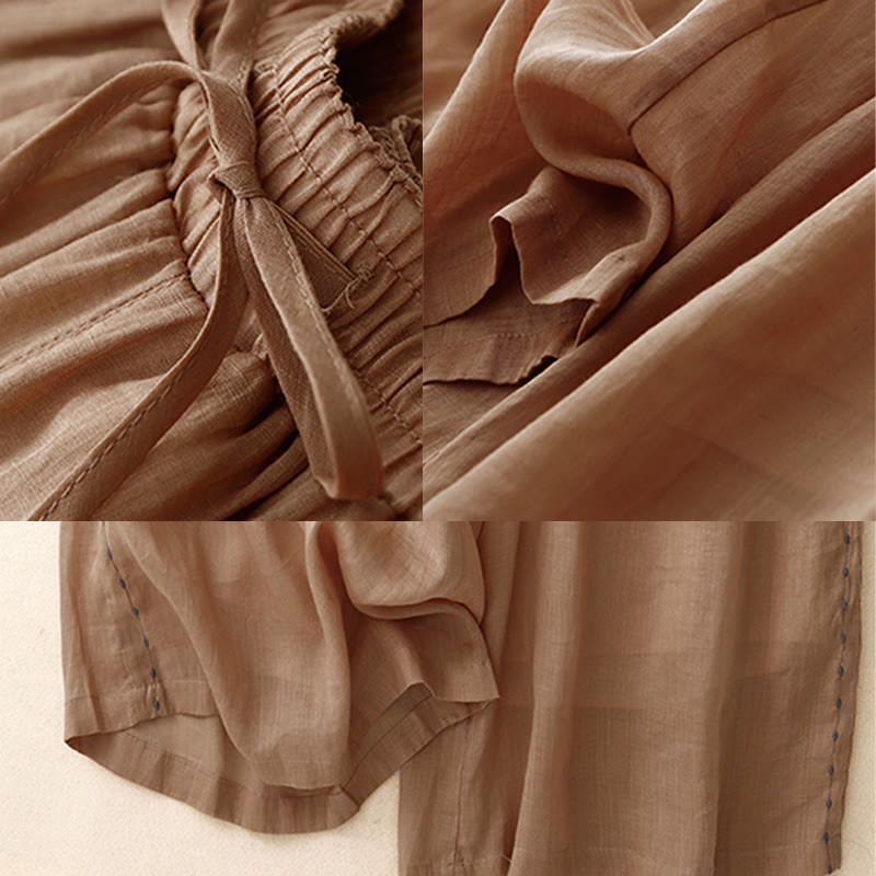 Commute Solid Color Embroidery Drawstring Women's Wide Leg Ankle-Length Cotton Pants With Pockets