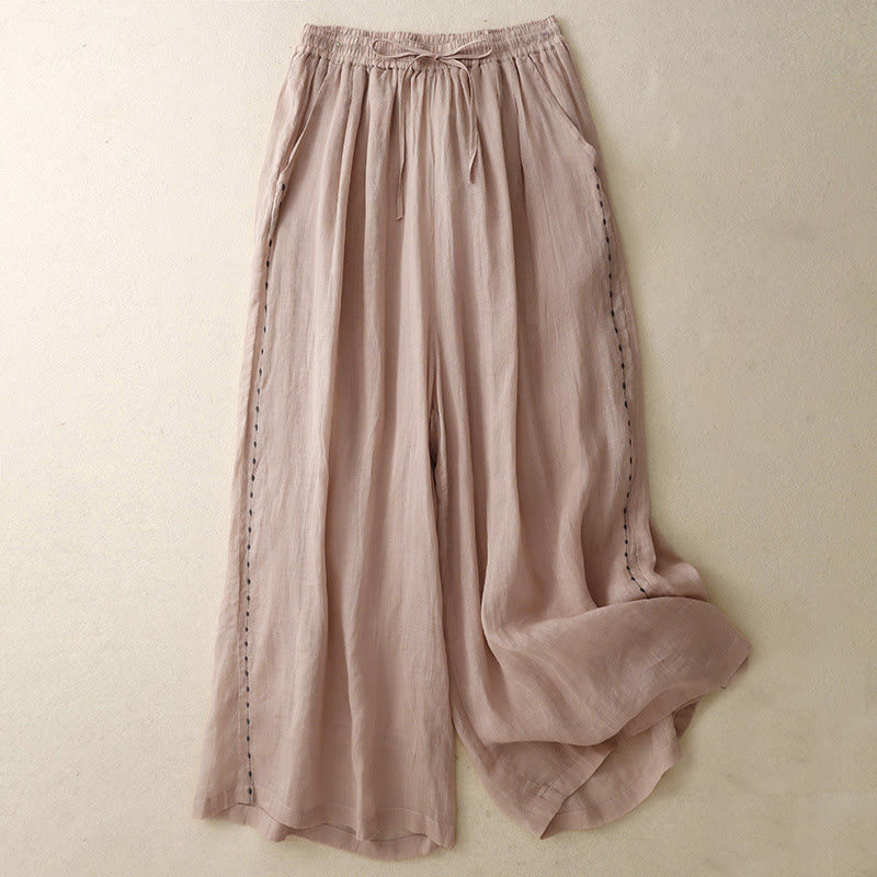 Commute Solid Color Embroidery Drawstring Women's Wide Leg Ankle-Length Cotton Pants With Pockets