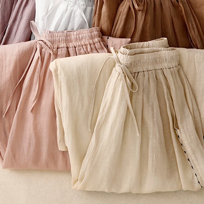 Commute Solid Color Embroidery Drawstring Women's Wide Leg Ankle-Length Cotton Pants With Pockets