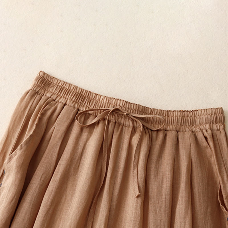 Commute Solid Color Embroidery Drawstring Women's Wide Leg Ankle-Length Cotton Pants With Pockets